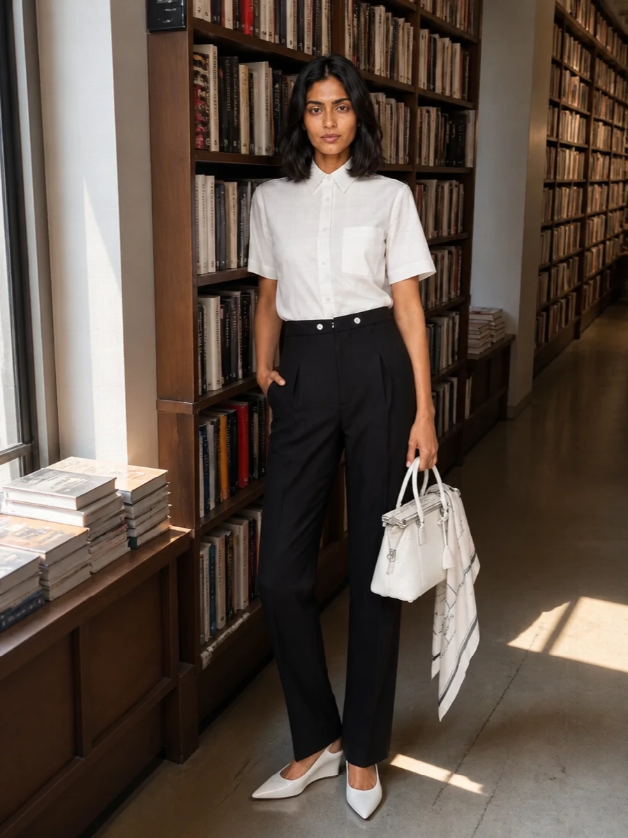 A crisp boxy white shirt sits cleanly over high-waisted black tailoring for a precise, monochrome column. Sculpted white wedges and a structured white bag pick up the top’s clarity while keeping the mood quietly rigorous. A sketch-like silk scarf introduces just enough graphic detail to signal Margiela’s subversive hand without disturbing the minimalism.