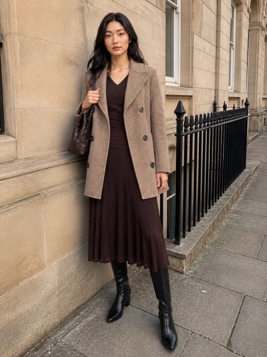 Tory burch taupe coat brown midi dress outfit