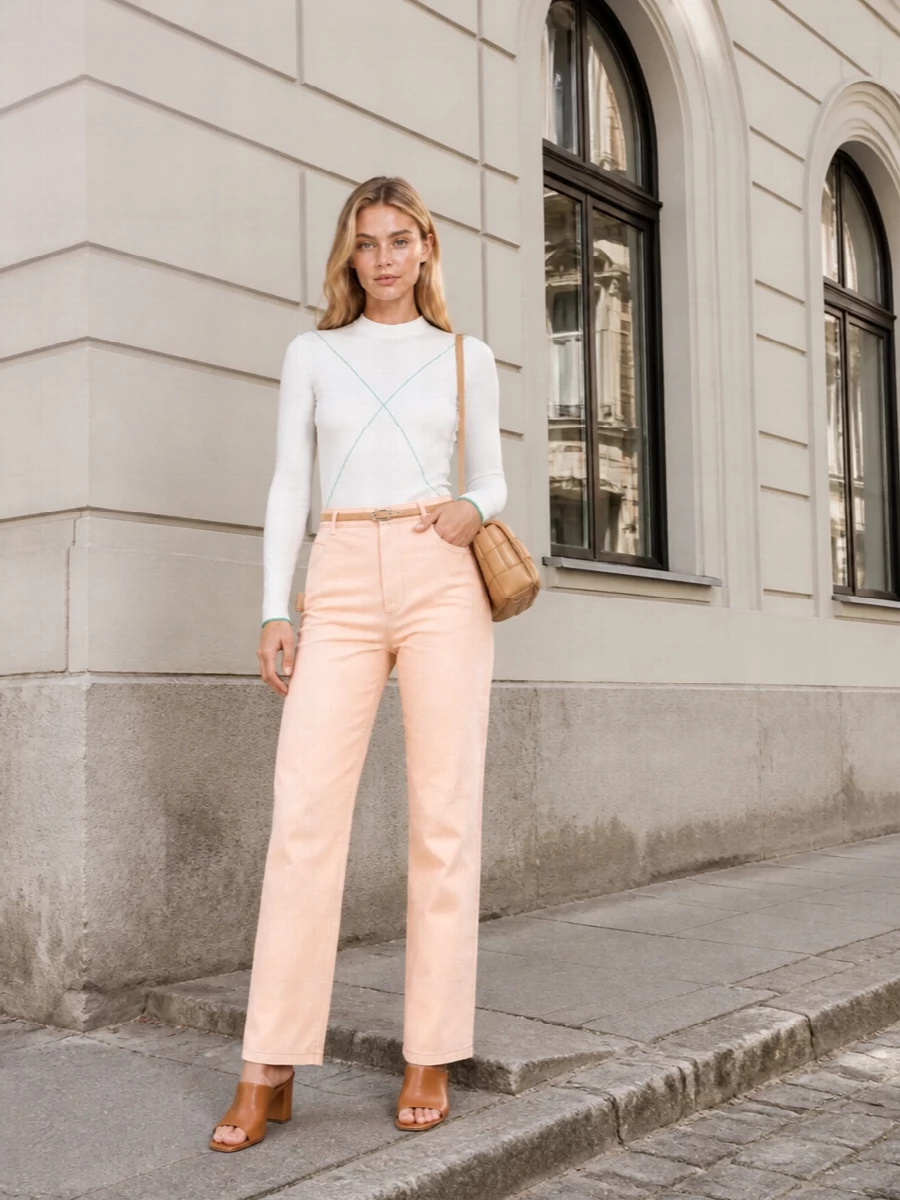 Soft peach denim is the starting point, grounded by a second-skin white knit traced with mint for a subtle, graphic edge. Tan block-heel mules and a padded caramel cross-body warm the palette without overpowering it, while a slim beige belt sharpens the high-rise waist so the cropped flare reads long and precise. The result is quiet, tonal dressing with just enough structure to carry you from late brunch into an unhurried afternoon in the city.