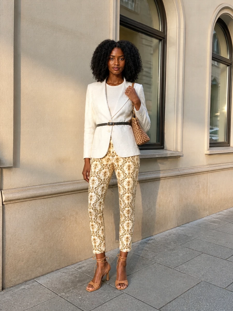 A tailored Etro twinset in cream brocade turns the cropped trouser into a modern, almost evening-ready suit. Tan ankle-tie sandals and a woven top-handle bag warm the palette, while a slim braided belt quietly sharpens the high waist and keeps the ornate pattern in clean, sculpted focus.