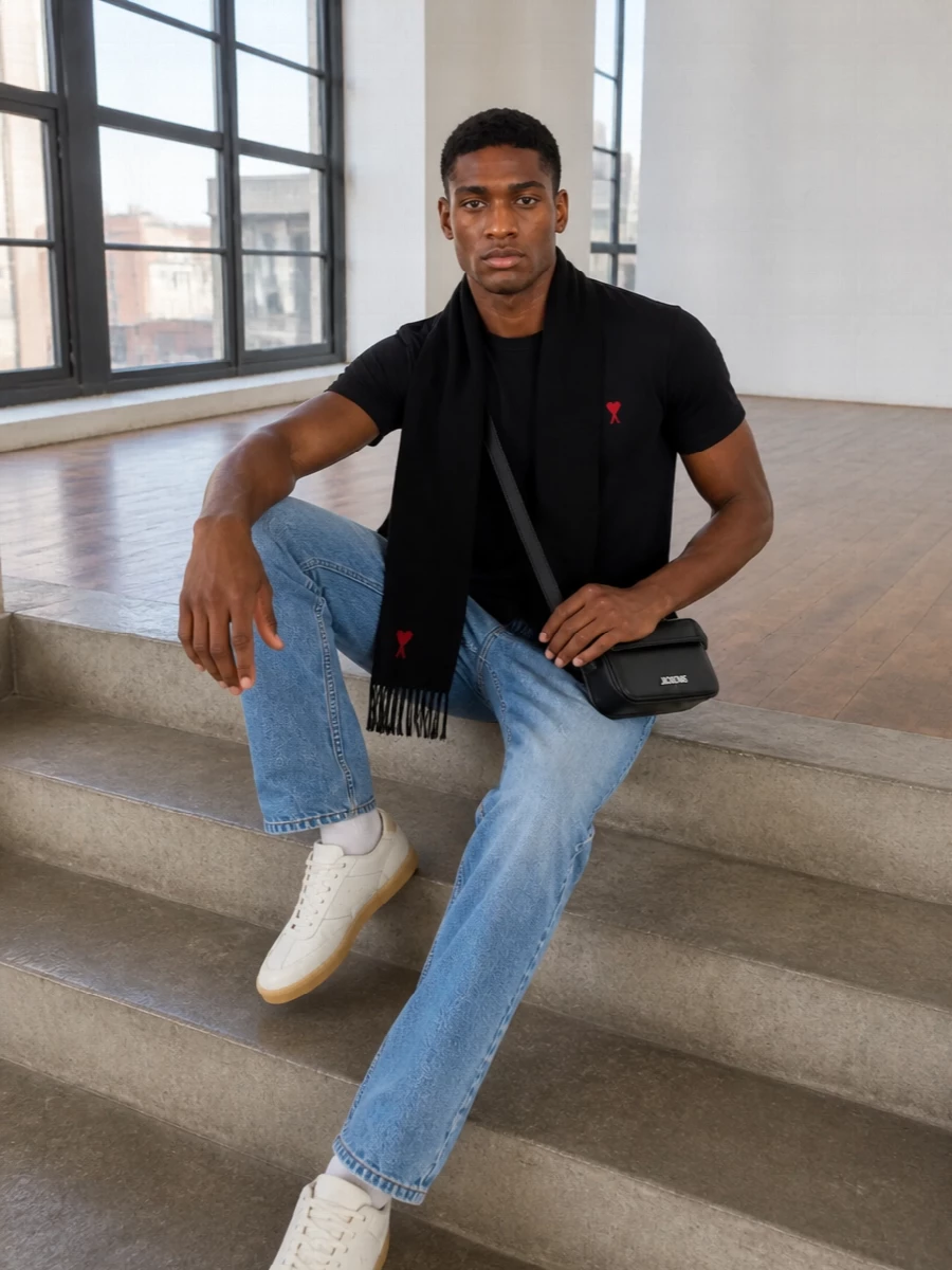 Ami paris black tee jeans gum sole sneakers