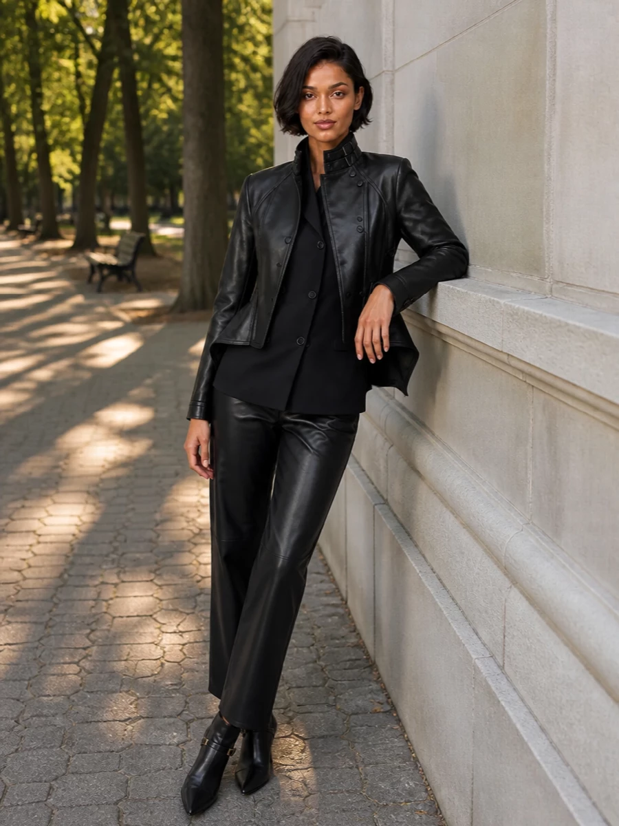 I am styling the Balmain leather jacket with tailored separates rather than a dress, so its sculpted peplum and strong shoulders read as the focal architecture over a clean, elongated base. A sharp Celine blazer and high-waisted black leather trousers create a continuous, tailored column of black, letting the jacket layer on as city armor rather than competing tailoring. Prada ankle boots and a Celine top-handle bag finish the outfit with precise, quiet hardware and a polished, night-ready attitude that feels powerful without excess drama.