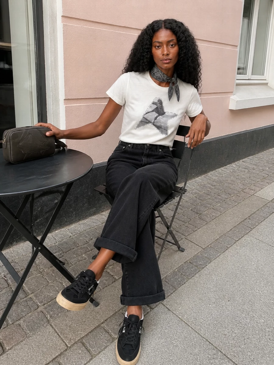 A graphic Golden Goose tee is grounded with washed black wide-leg denim for a clean, skate-influenced street mood. Black suede sneakers and a dark leather camera bag keep the palette tight and urban, while a charcoal bandana adds a small, intentional hit of attitude. The proportions stay relaxed but balanced, so the outfit feels easy for all-day city wear without losing structure.