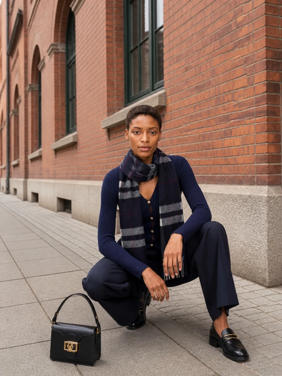 Lanvin’s ribbed navy cardigan meets its match with fluid high-waisted navy tailoring, creating a long, uninterrupted line that feels precise but relaxed. Black heeled loafers and a structured black mini bag sharpen the palette while quietly echoing the gold hardware. A navy checked scarf adds a soft graphic note without disturbing the minimalist, preppy mood.