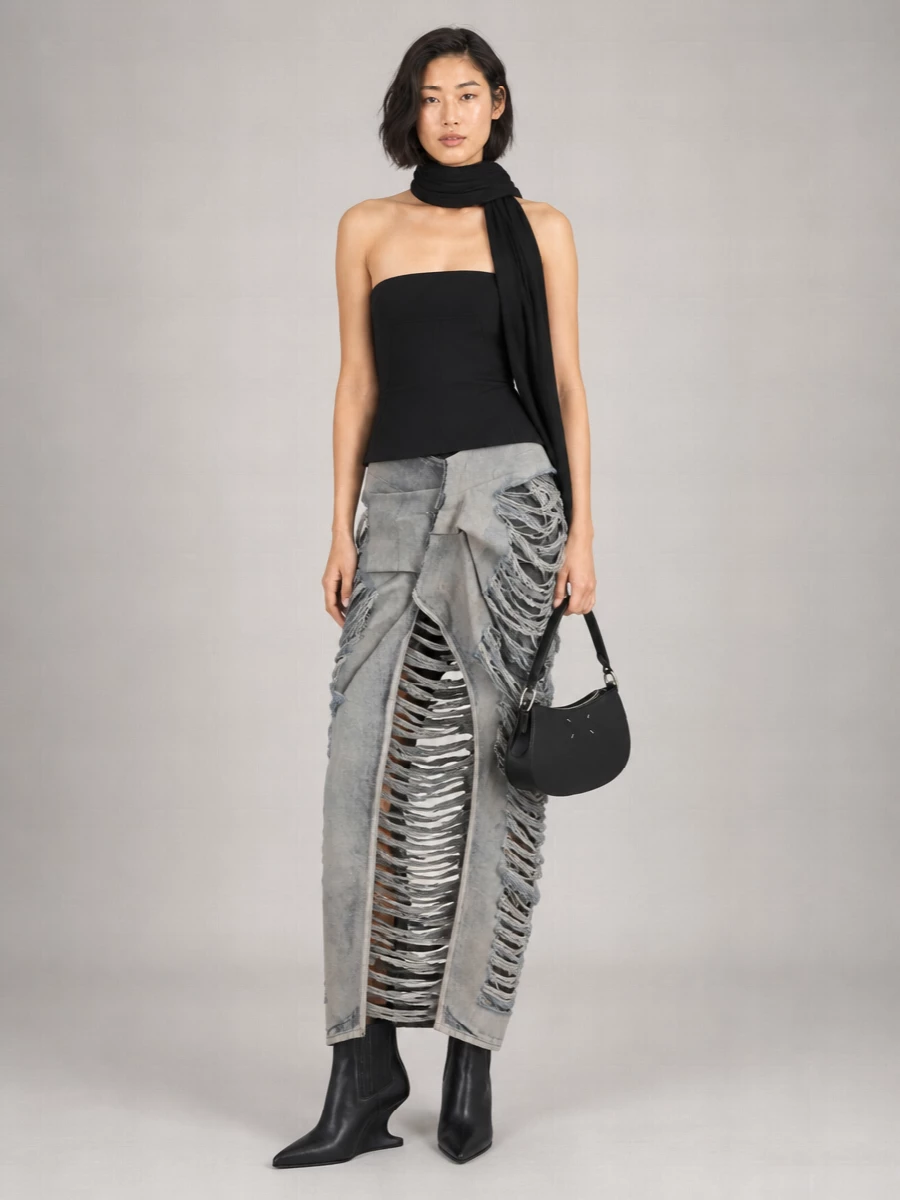 Rick Owens Cotton Cutout Asymmetric Maxi Skirt