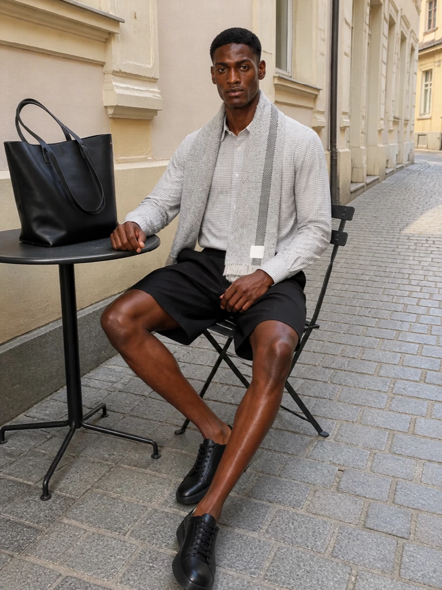 A precise checked shirt pairs with architectural black pleated shorts for a warm weather uniform that feels thoughtful rather than casual. Black leather sneakers and a tall, minimal tote keep the lines clean, while a soft stone scarf introduces just enough texture and depth. The result is quietly polished city dressing, suited to galleries, lunches and unhurried evenings alike.