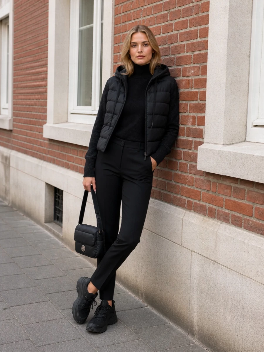 Moncler bomber with black tailored pants