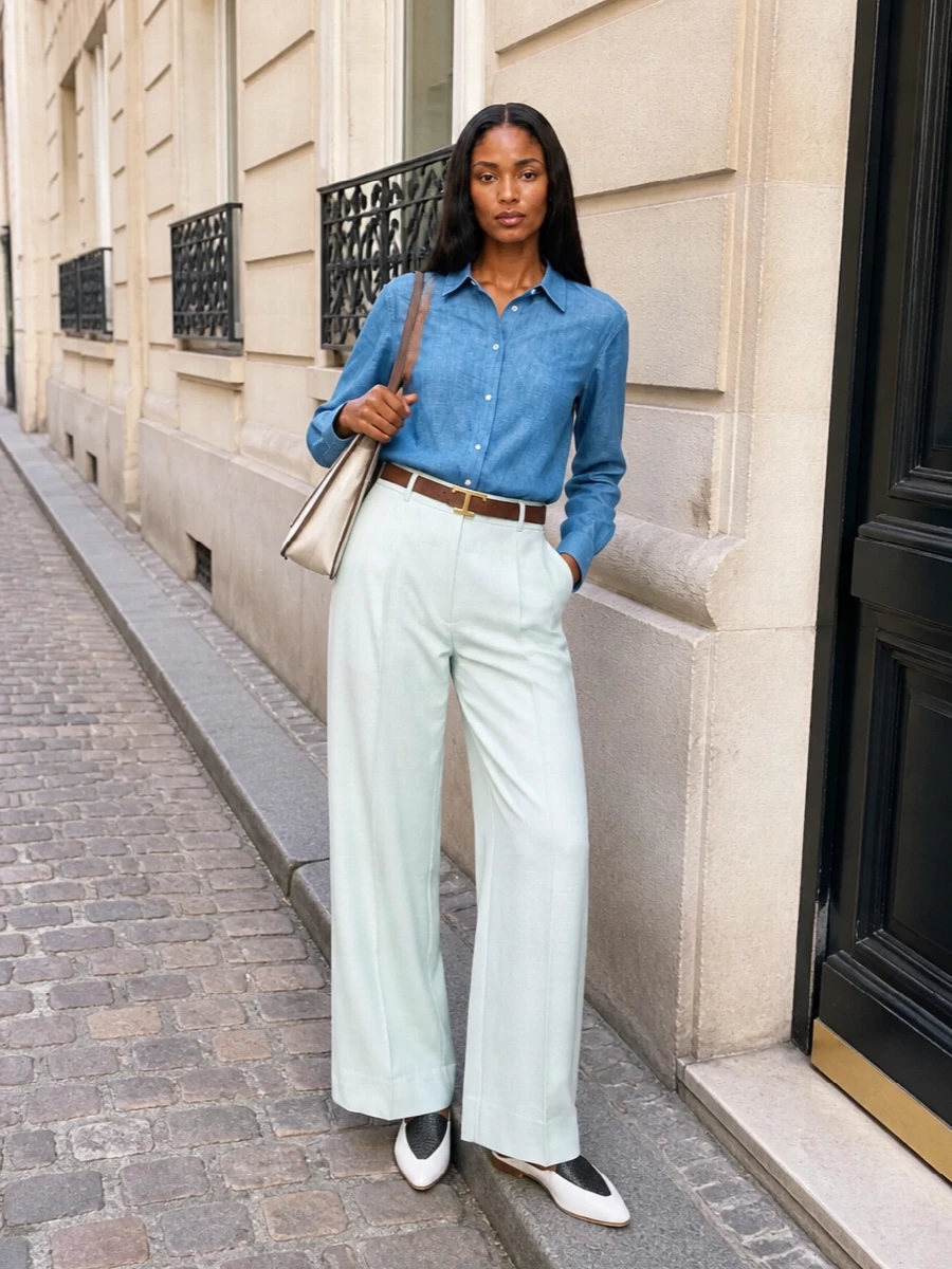 Chambray blue and soft ice white meet in a pared-back, tailored pairing that feels quietly confident for warm days in the city. The wide-leg trouser and pointed flat keep the lines long and clean, while warm ivory and tan accents add just enough depth without disturbing the calm palette. It is an easy desk-to-dinner combination that reads refined without feeling formal.