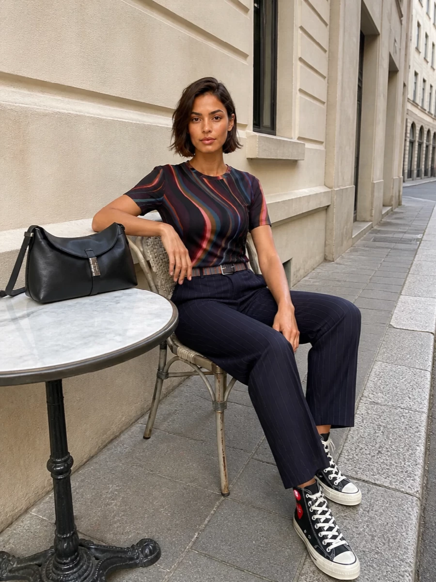 Graphic Paul Smith stripes meet pinstripe tailoring for a sharp, street-leaning city outfit that still feels easy. The long navy trouser refines the tee’s colour hit, while the PLAY high-tops and sleek black shoulder bag keep it grounded and casual. A striped belt quietly ties the whole palette together without shouting for attention.