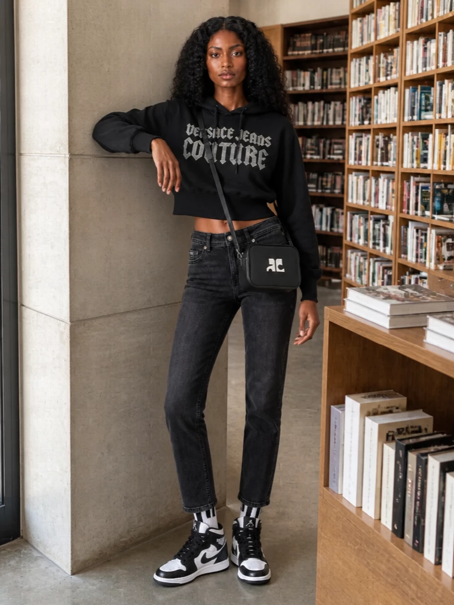 Versace hoodie straight black jeans sneakers outfit