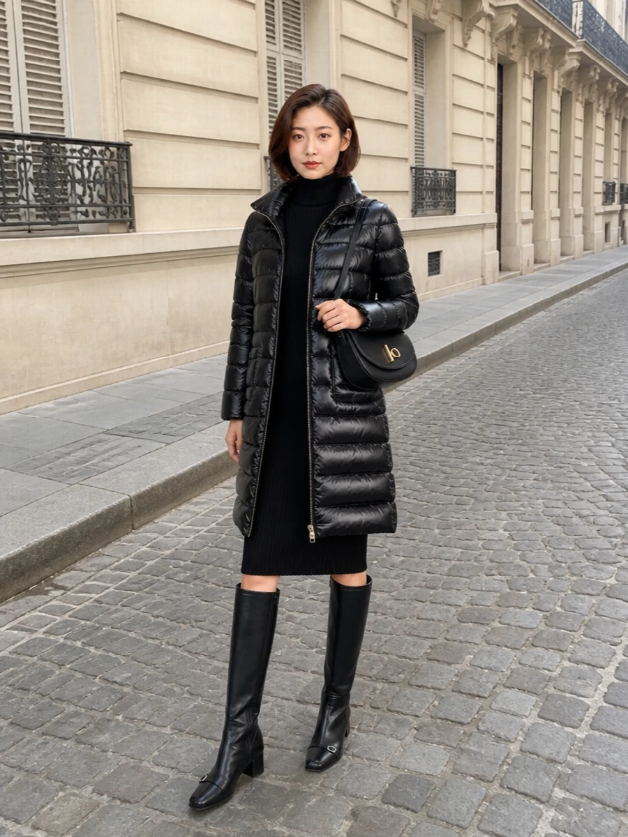 I’m building around the dress path here: a black ribbed turtleneck column under the long Herno puffer keeps the silhouette ultra clean and coherent, with no break in the line. Knee‑high leather boots and a curved black shoulder bag finish it as a minimalist winter city uniform, sitting comfortably at formality 3–4 without feeling overdone. The all‑black palette lets the coat’s gloss and the knit texture do the talking, staying firmly in that quiet luxury space.