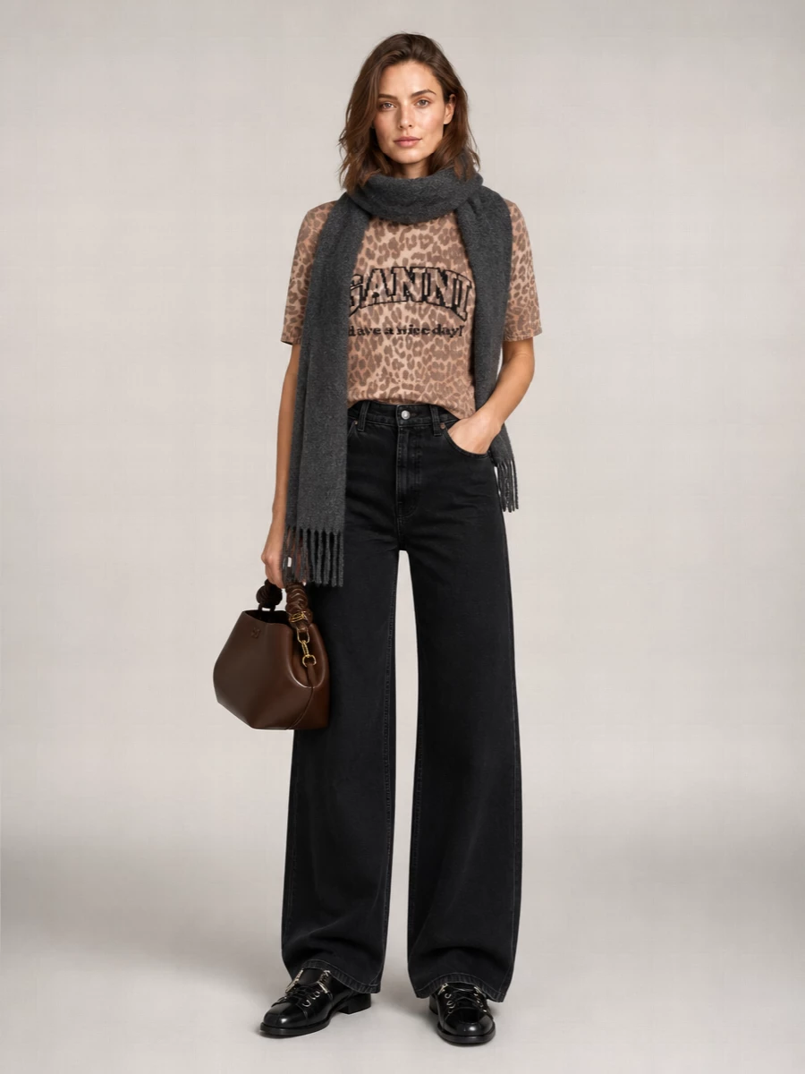 Ganni Leopard-Print Wool Short-Sleeve Crewneck Knitted Top