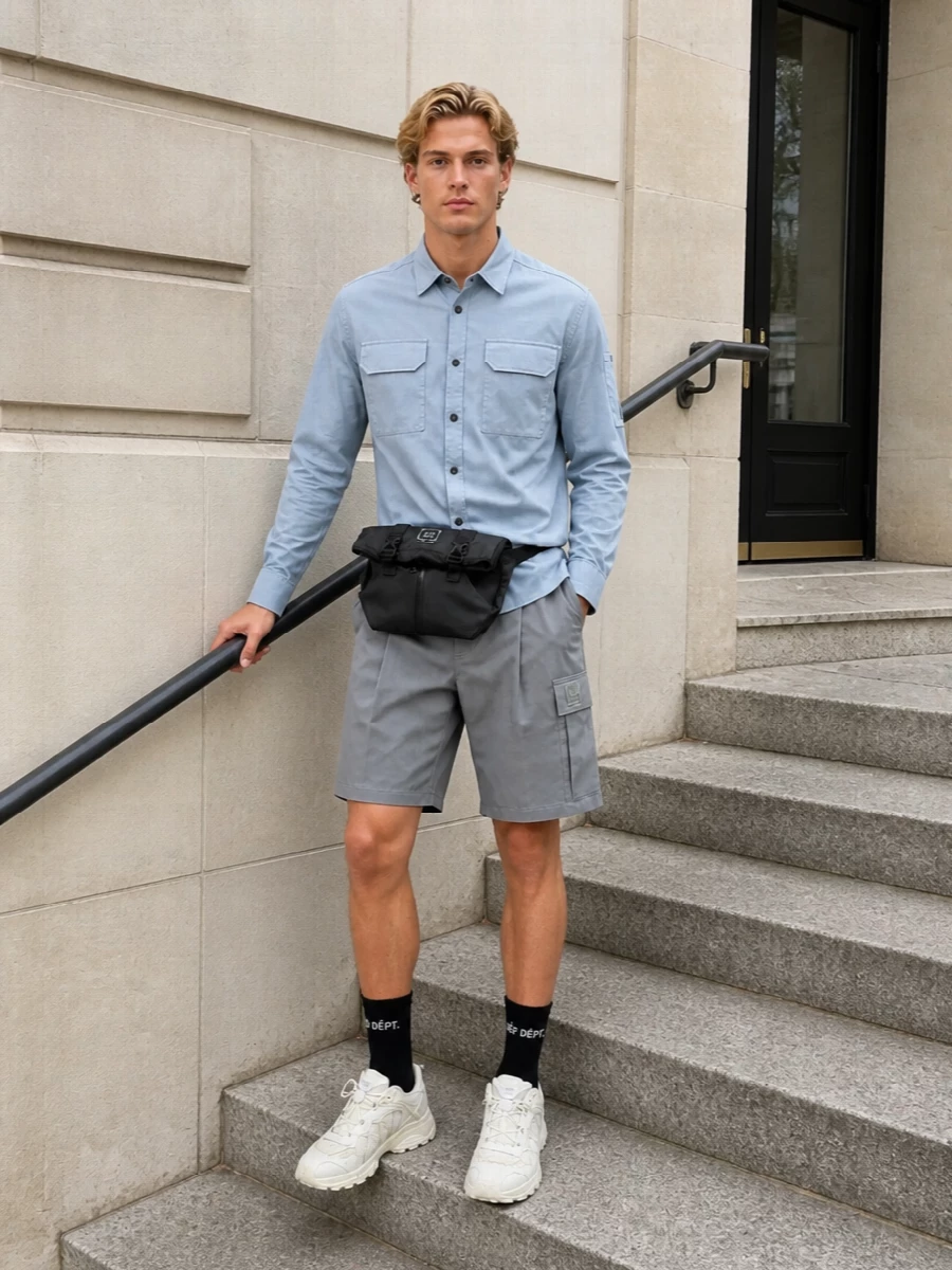Cp company grey cargo shorts blue shirt outfit