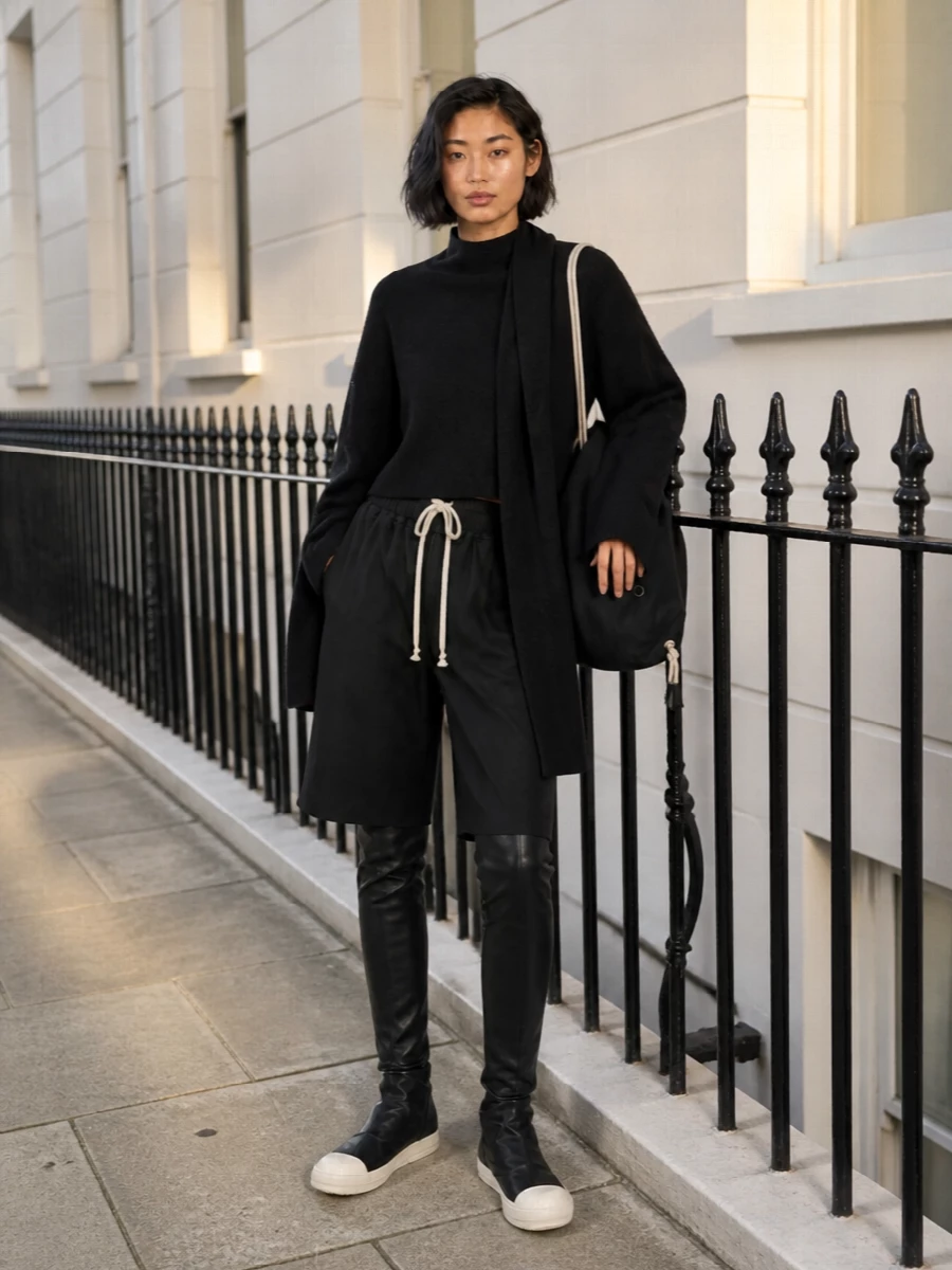 Rick owens black shorts cropped sweater tall sneakers
