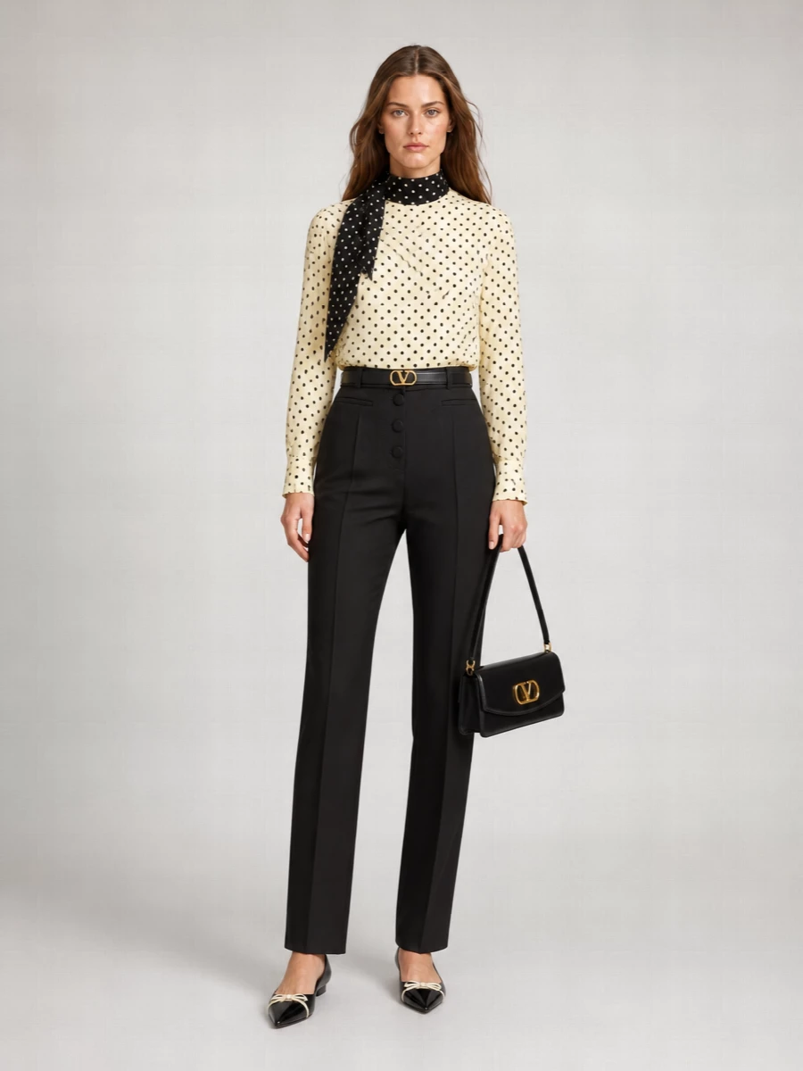 Valentino Silk Polka-Dot Long-Sleeve Blouse