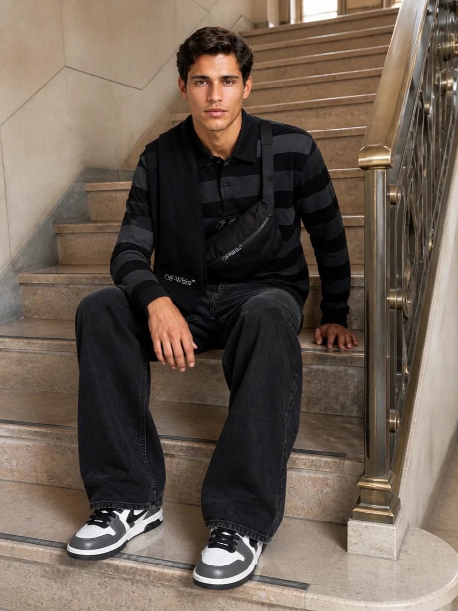 Off white striped rugby shirt wide black jeans