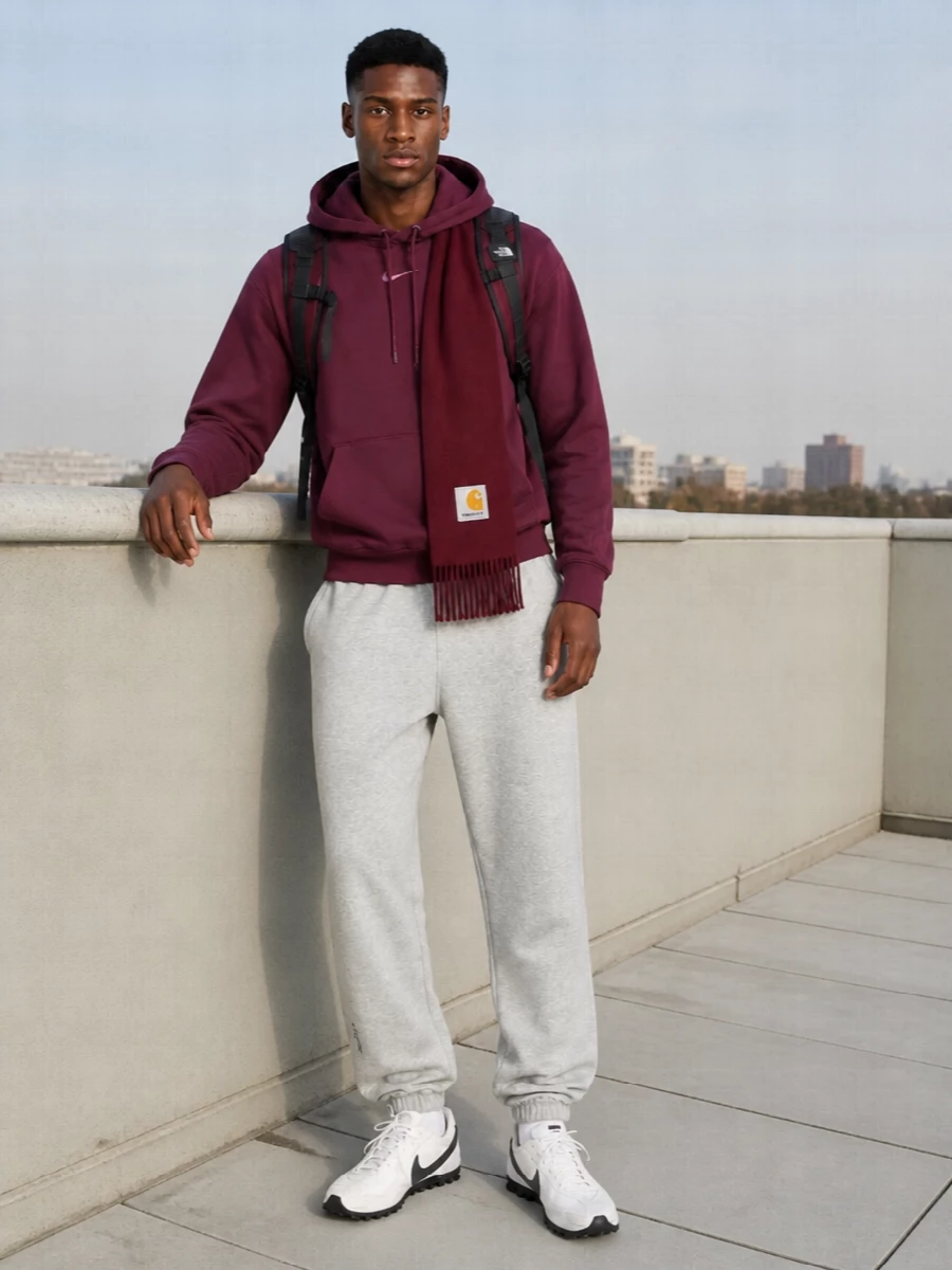 Nike burgundy hoodie grey joggers retro runners