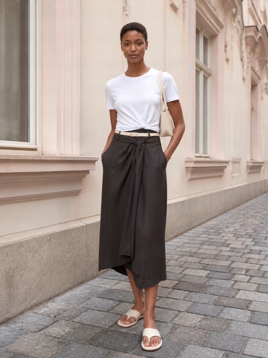 Rohe white tee brown wrap skirt outfit
