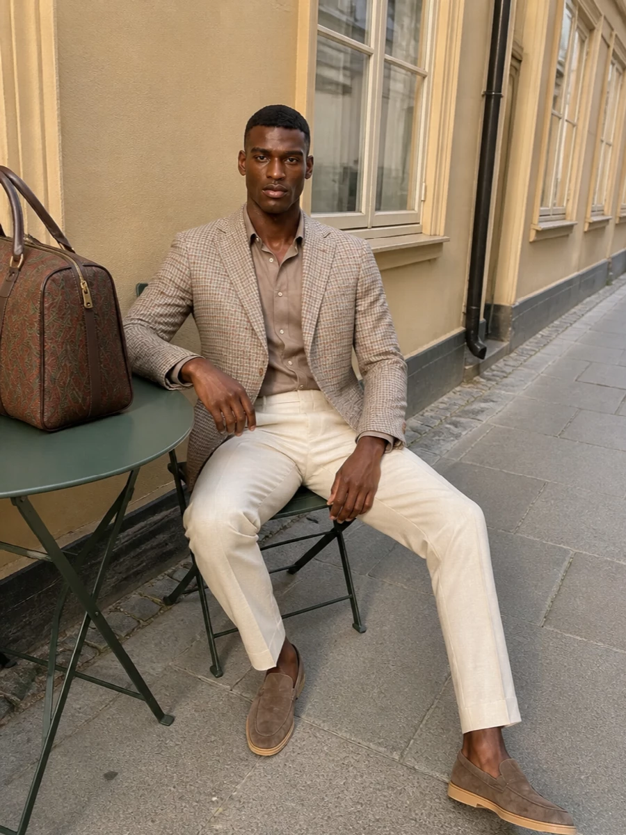 Etro blazer beige trousers todds loafers