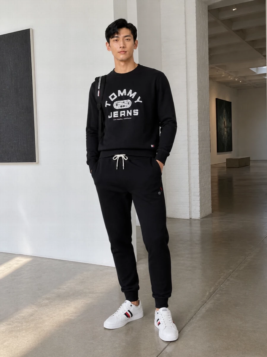 Tommy jeans sweatshirt joggers sneakers outfit