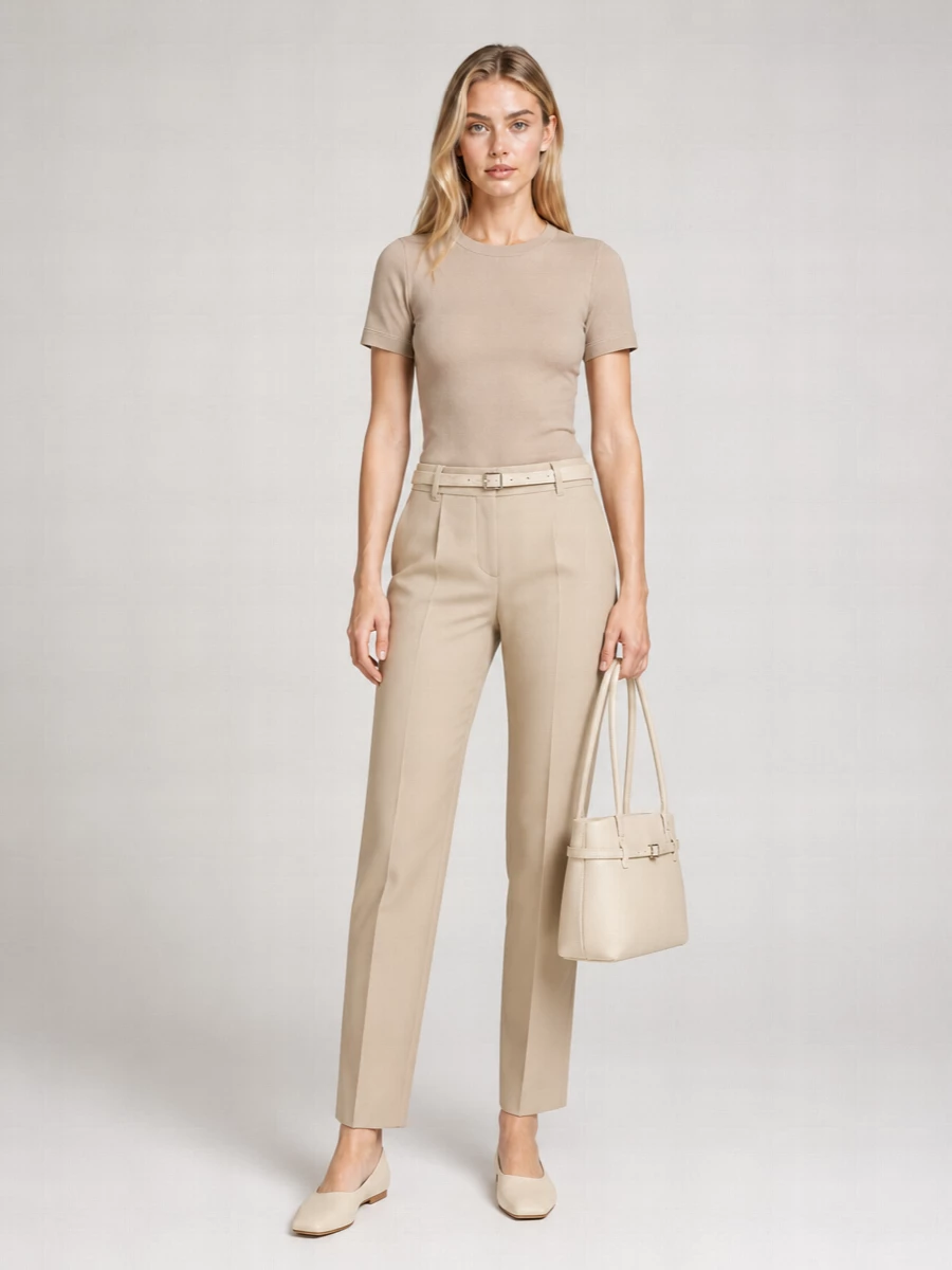 A warm beige tee meets tailored S Max Mara trousers for a clean, tonal column that feels relaxed but assured. Buttercream Aeyde flats and a structured Manu Atelier bag keep the mood polished yet quiet, while a slim belt sharpens the waist without breaking the softness of the palette. The result is an easy neutral uniform for city days where you want comfort with intention.