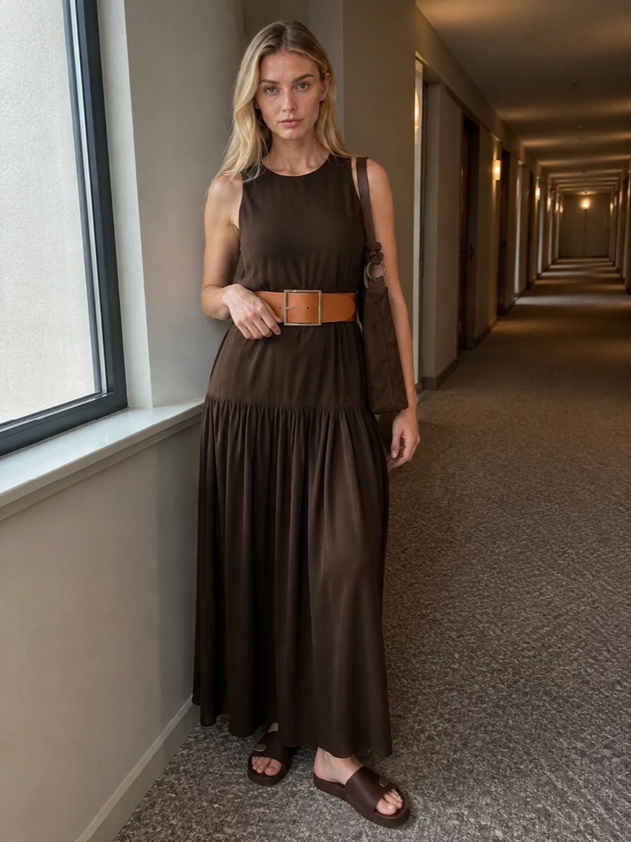Uma wang brown maxi dress sculptural slides