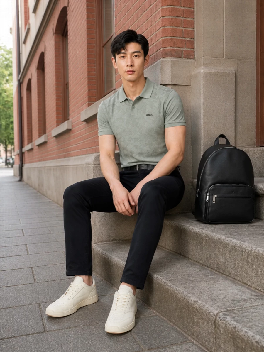 A pale sage Boss polo sits cleanly over ink-navy straight trousers, keeping the mood modern and quietly sporty. Cream and taupe sneakers lighten the base, while a structured black backpack and belt add neat, urban definition. The palette stays muted and versatile, ideal for city days that mix relaxed meetings and off-duty time.