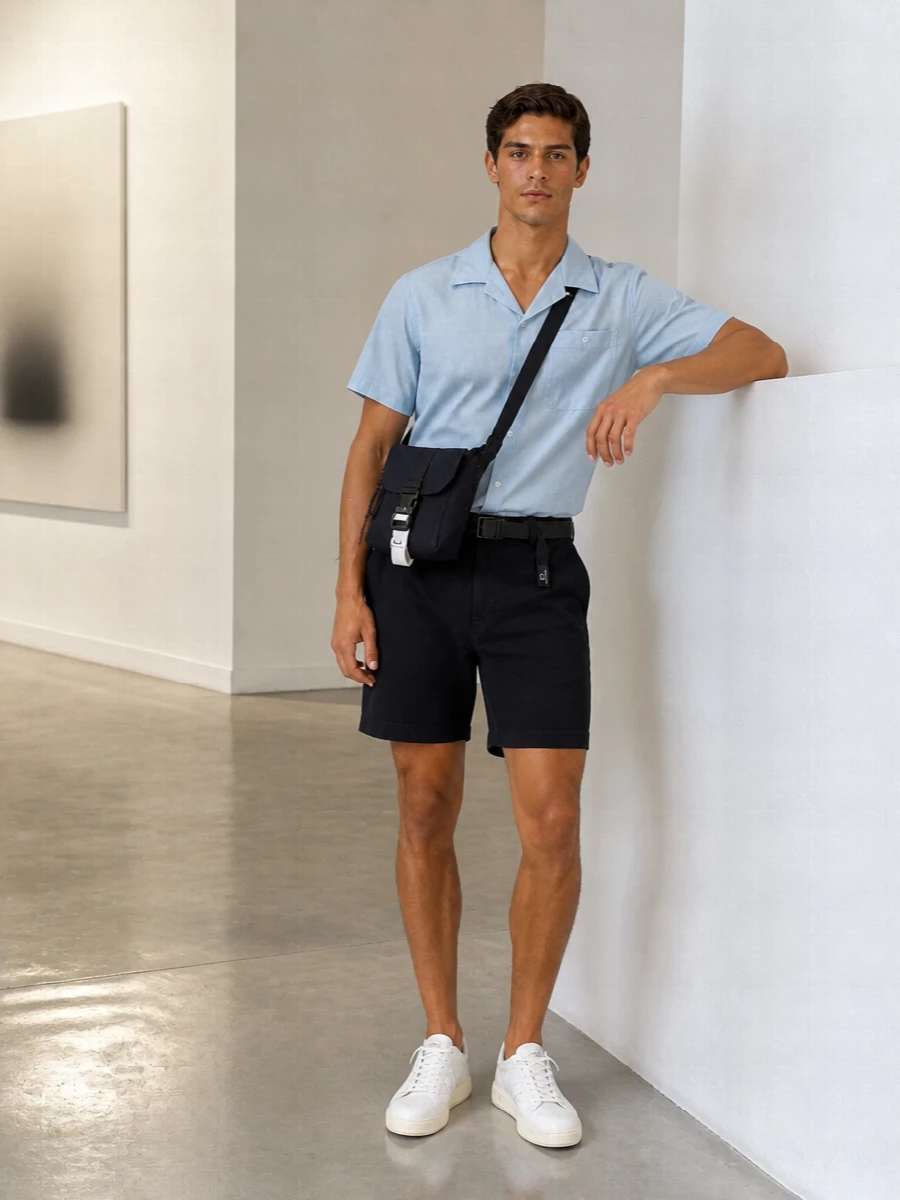 Woolrich navy shorts pale blue camp shirt sneakers