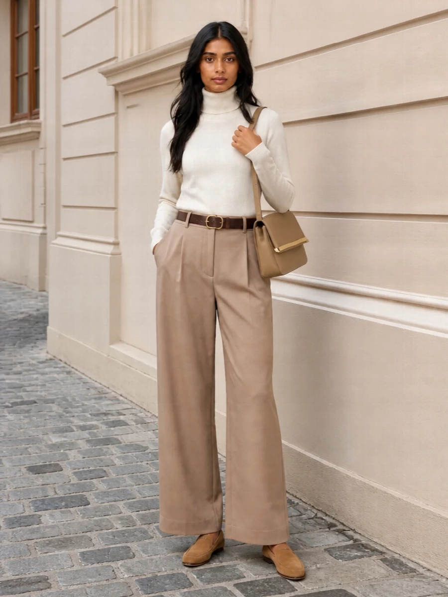 Fabiana filippi camel trousers ivory turtleneck outfit