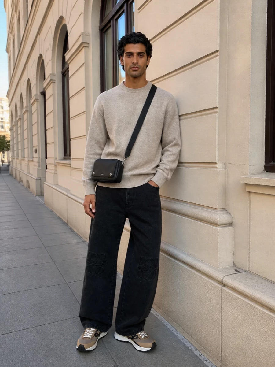 Loewe sneakers wide leg jeans beige knit