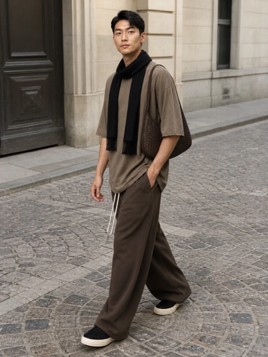 This look leans into a full Rick-inspired column: the oversized taupe tee drops into those deep chocolate ultra-wide pants for a languid, floor-grazing silhouette that feels brutalist yet easy. A black-and-eggshell Prada sneaker grounds the volume with a clean, modern profile, while the dark chocolate Bottega crossbody and slim black Saint Laurent scarf add quiet, tactile refinement that keeps the outfit elevated but still very off-duty streetwear.