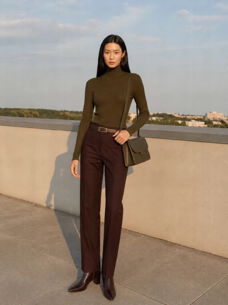 Victoria beckham olive turtleneck chocolate trousers