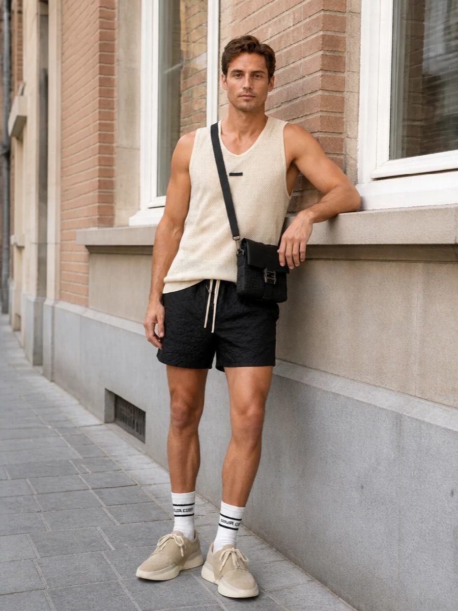Fear of god black shorts neutral knit sneakers