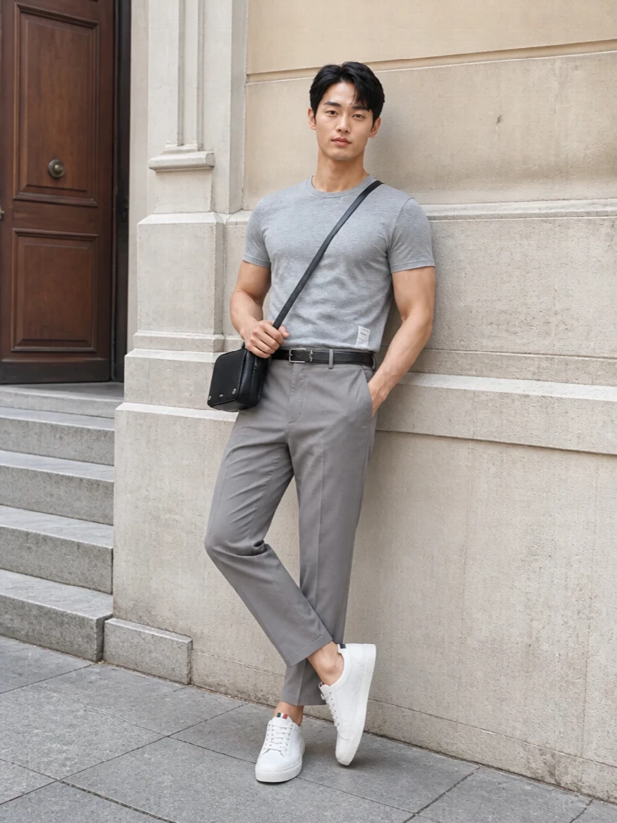 This look leans into Thom Browne’s quiet, architectural prep: a heather-grey tee paired with cropped grey tailored trousers for a clean, uniform-like silhouette that still feels easy in warm weather. White low-profile sneakers keep the mood relaxed and modern, while a structured black crossbody and slim black belt sharpen the edges for a city-ready, minimalist finish. It’s an elevated everyday edit that slips effortlessly from daytime appointments to low-key evening plans without ever feeling overworked.