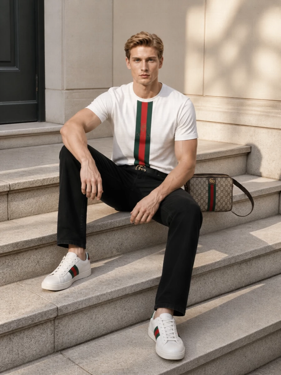 Gucci striped tee black jeans sneakers
