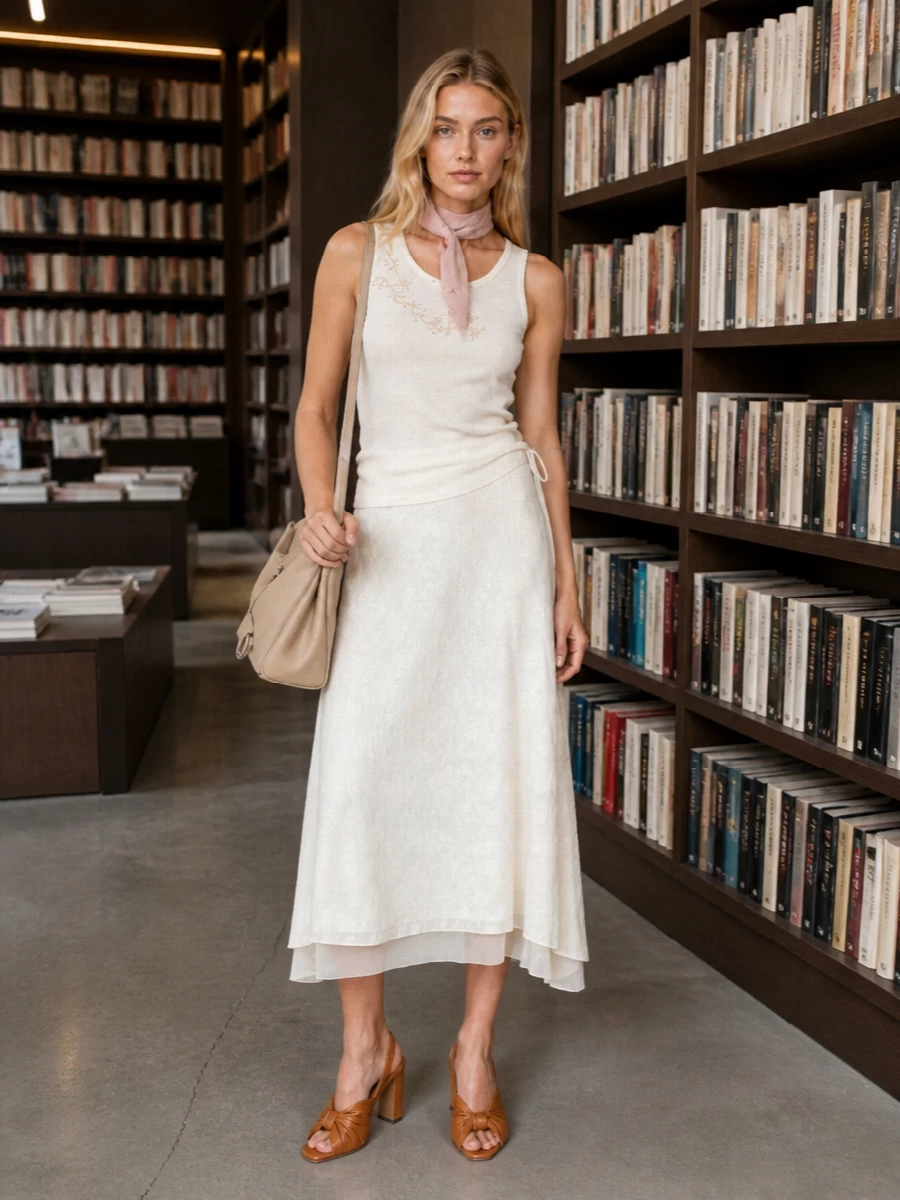 Fendi embroidered tank ivory brocade midi skirt
