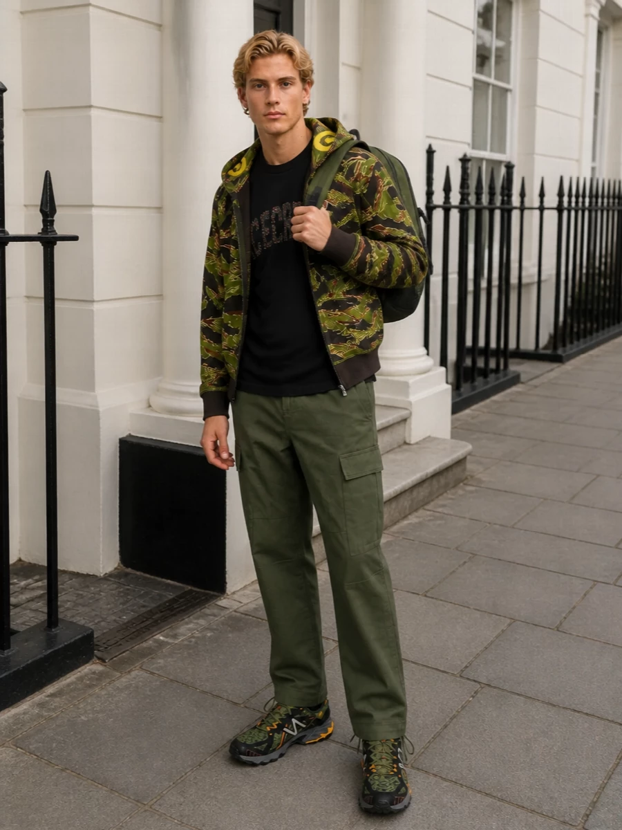 Graphic camo and acid hits stay in charge on top, anchored by solid olive cargos and trail runners for a tight, street-outdoor hybrid. The palette runs through greens, browns and yellow accents, so every layer talks to the next without feeling busy. Throw on the structured pack and it reads as ready-for-anything city mileage, not costume camo.