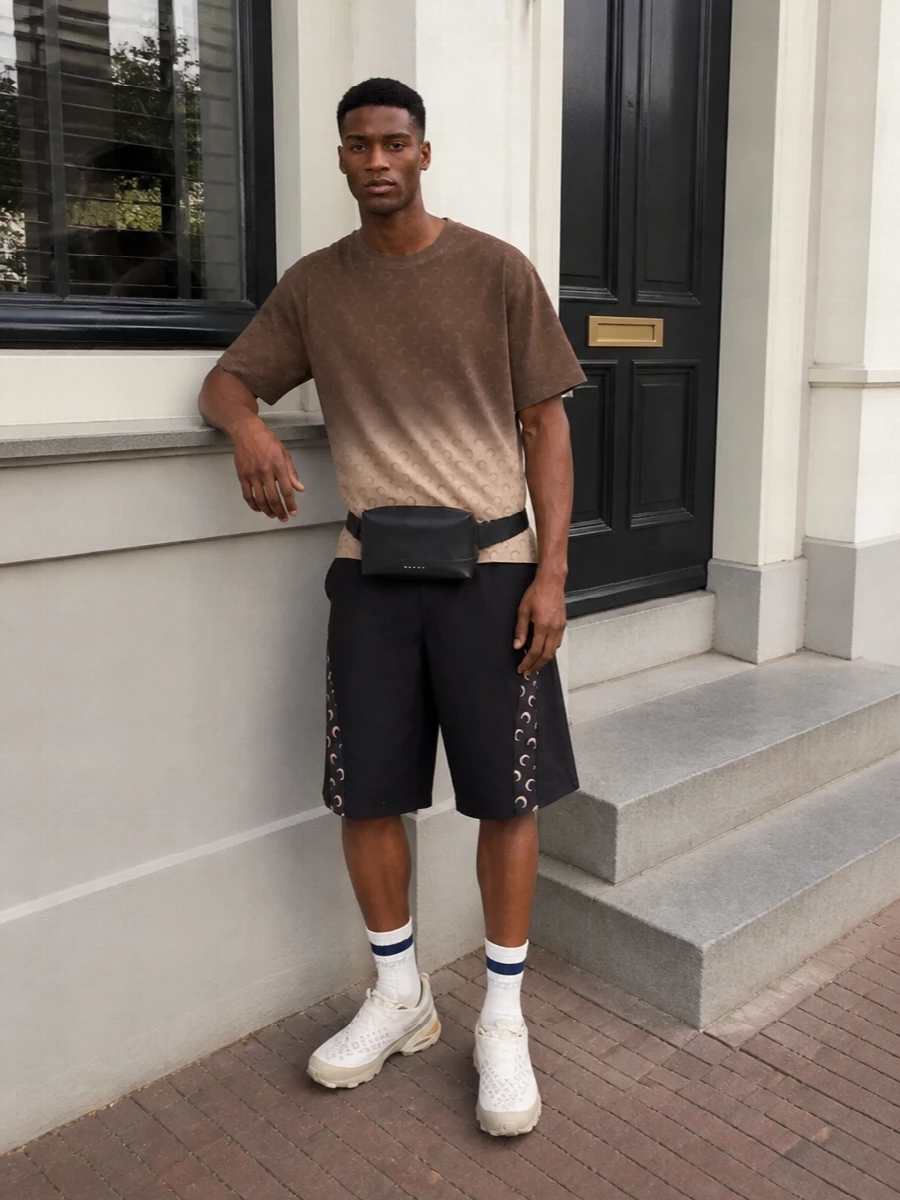 Marine serre gradient tee long black shorts outfit