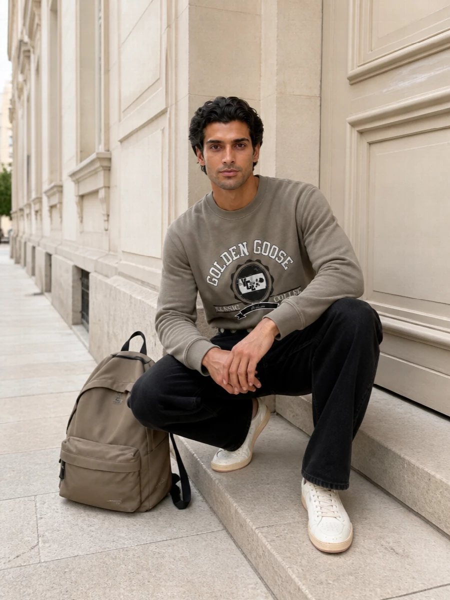 Taupe collegiate branding sits against washed-black denim for a grounded, city-ready mix that feels relaxed but intentional. Off-white court sneakers keep it light at the base, while the taupe backpack and studded belt echo the street-driven Golden Goose attitude without shouting. It is an easy uniform for autumn days when you want sport-inspired energy with a quietly graphic edge.