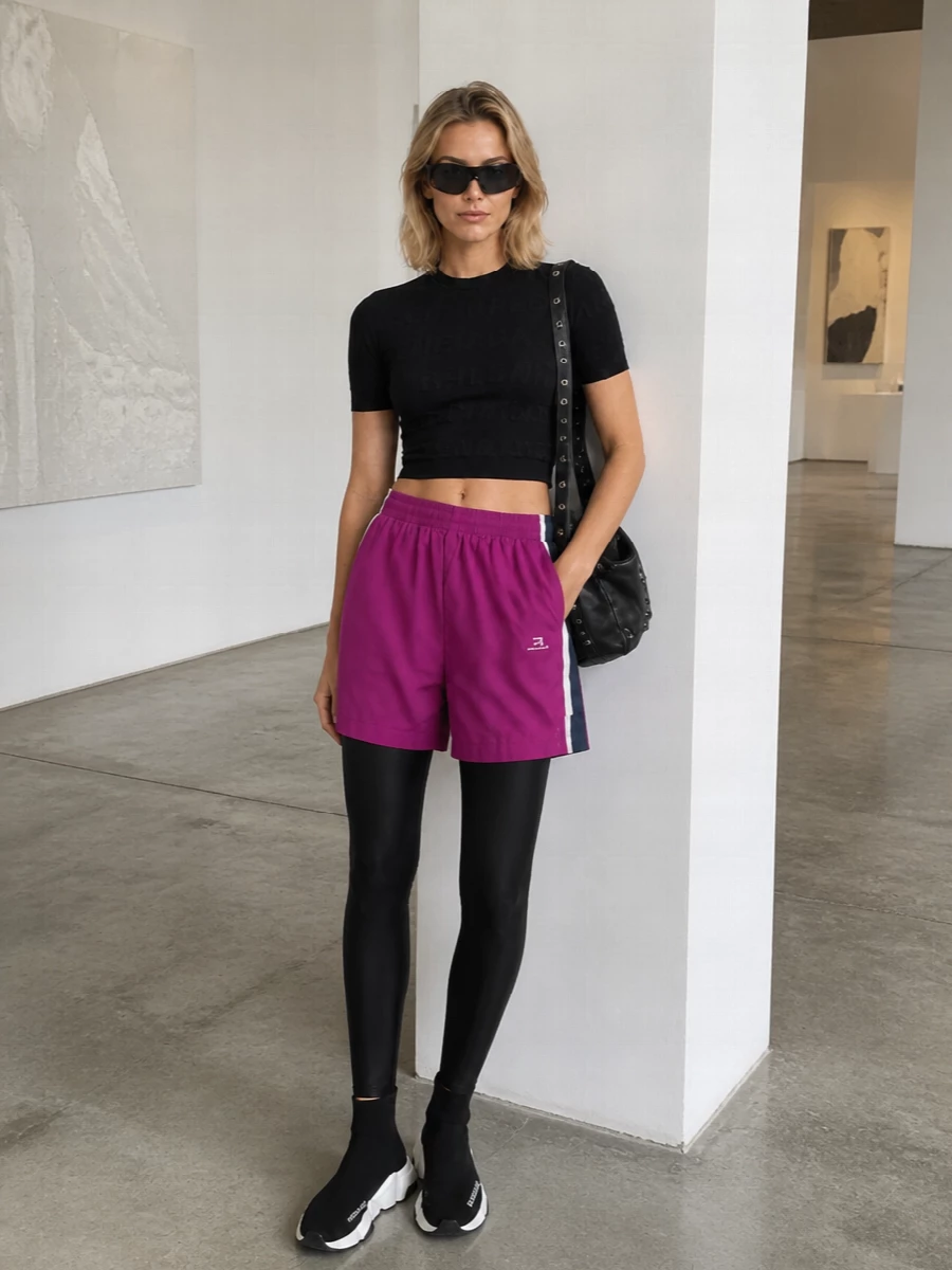Balenciaga magenta track shorts black logo tee