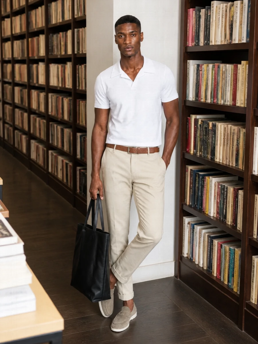 Light-beige chinos with a slim, cuffed leg set a clean, preppy base, paired with a white open-collar knit that keeps things sharp but relaxed. Taupe suede penny loafers stay in the same sun-faded neutral family, while the chestnut belt and structured black leather tote add just enough contrast for a quietly confident city-ready outfit. Wear this for lunches, office-adjacent days or terrace dinners where you want polish without feeling dressed up.