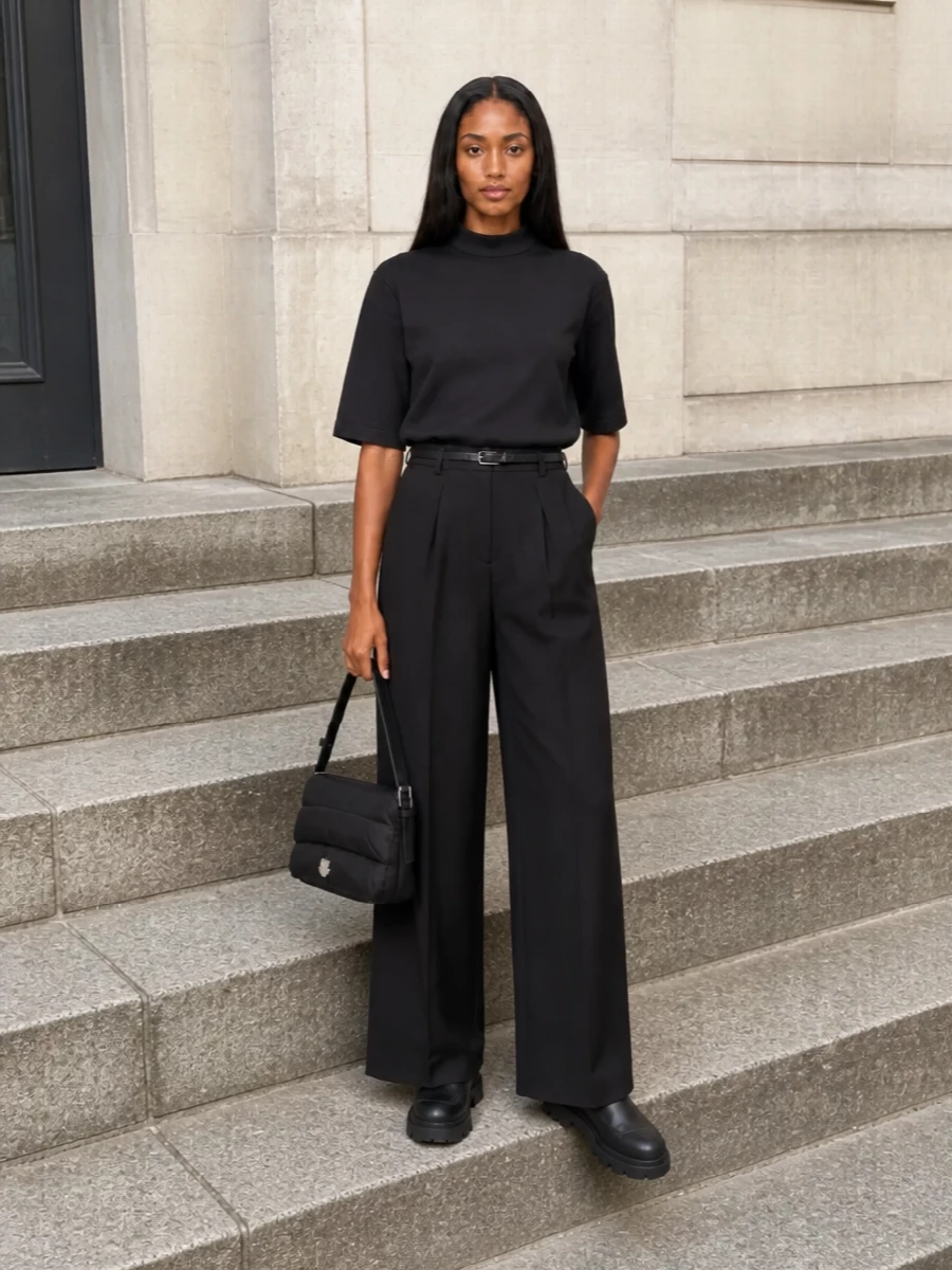 Moncler wide leg pants black chelsea boots outfit
