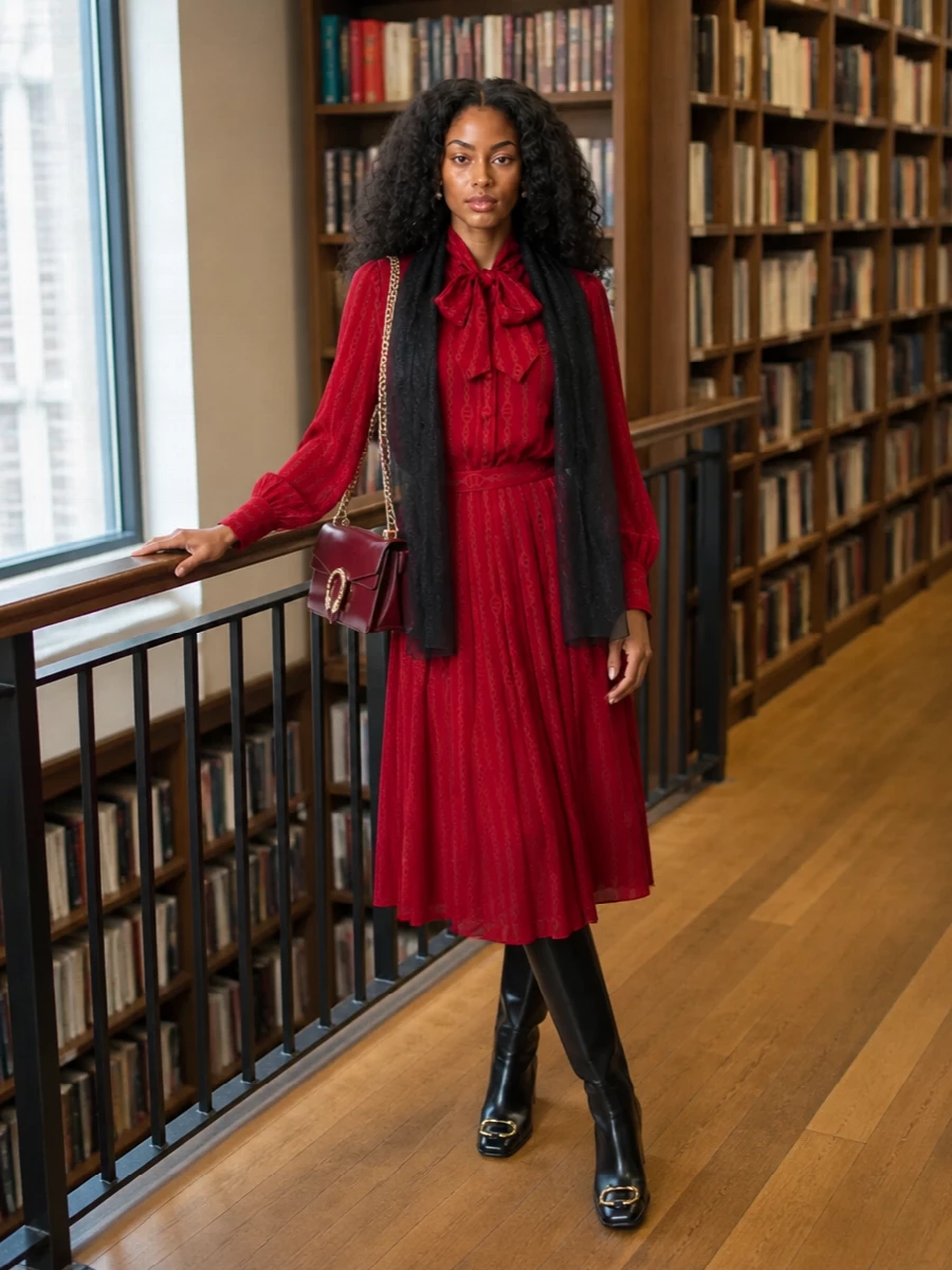 Gucci red bow midi dress black boots bag