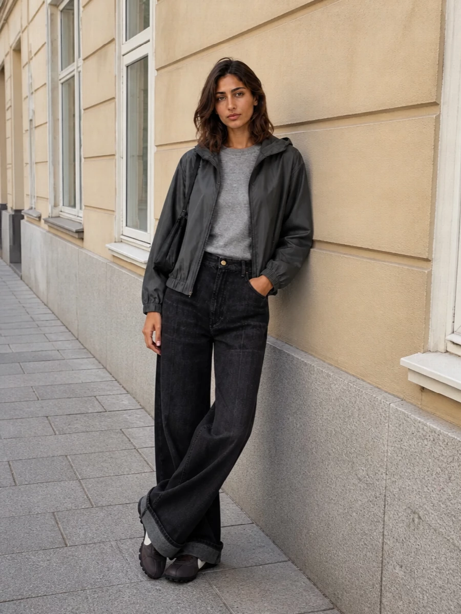 Max mara bomber wide leg jeans nike sneakers