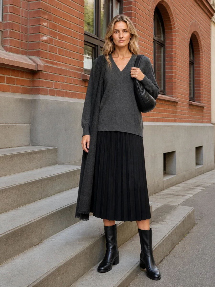 Lisa yang knit sweater black pleated midi skirt