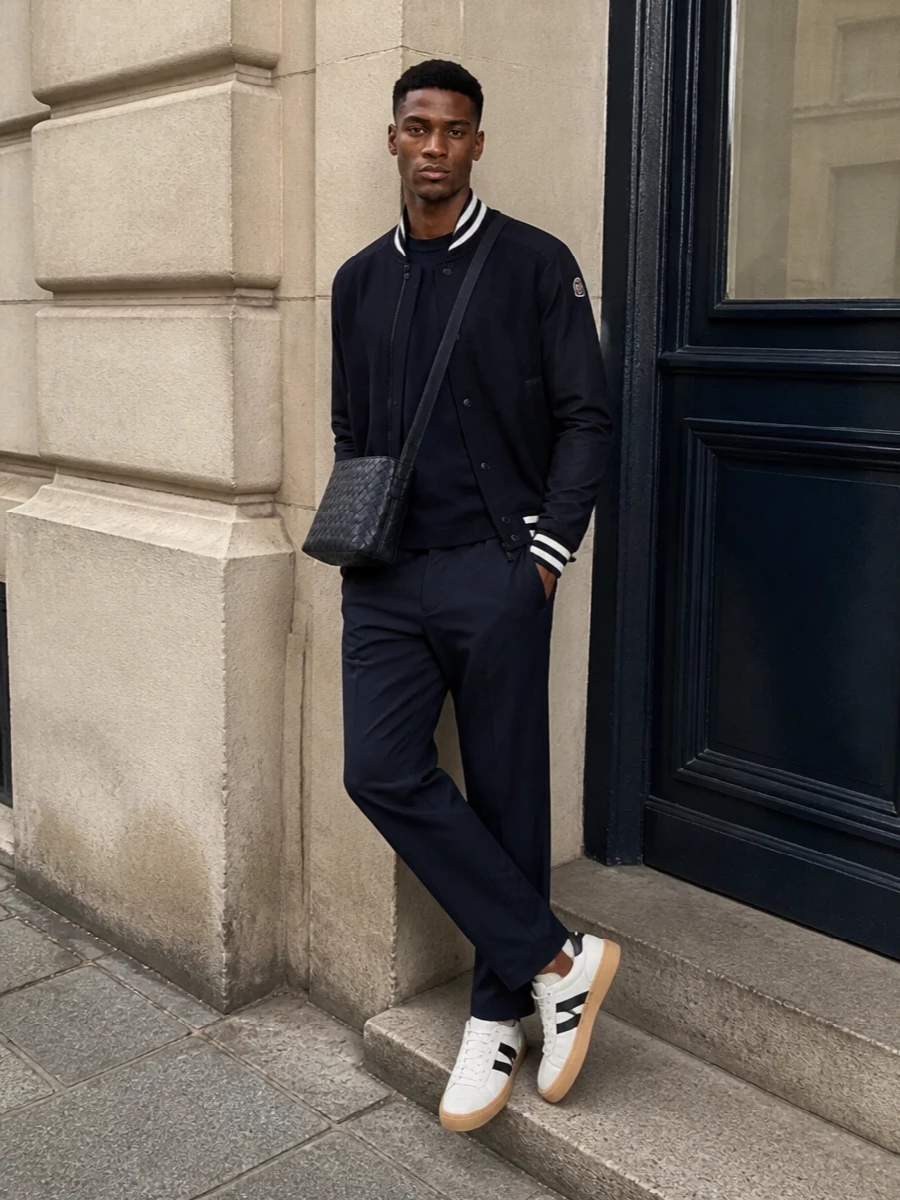 This look leans into a deep-navy, quiet-luxury story: a Moncler varsity bomber over a sleek Grenoble knit, paired with streamlined elastic-waist trousers that read smarter than track pants. White court sneakers and an intrecciato Bottega crossbody sharpen the finish, creating a polished city-athletic uniform ideal for SS evenings and travel days alike.