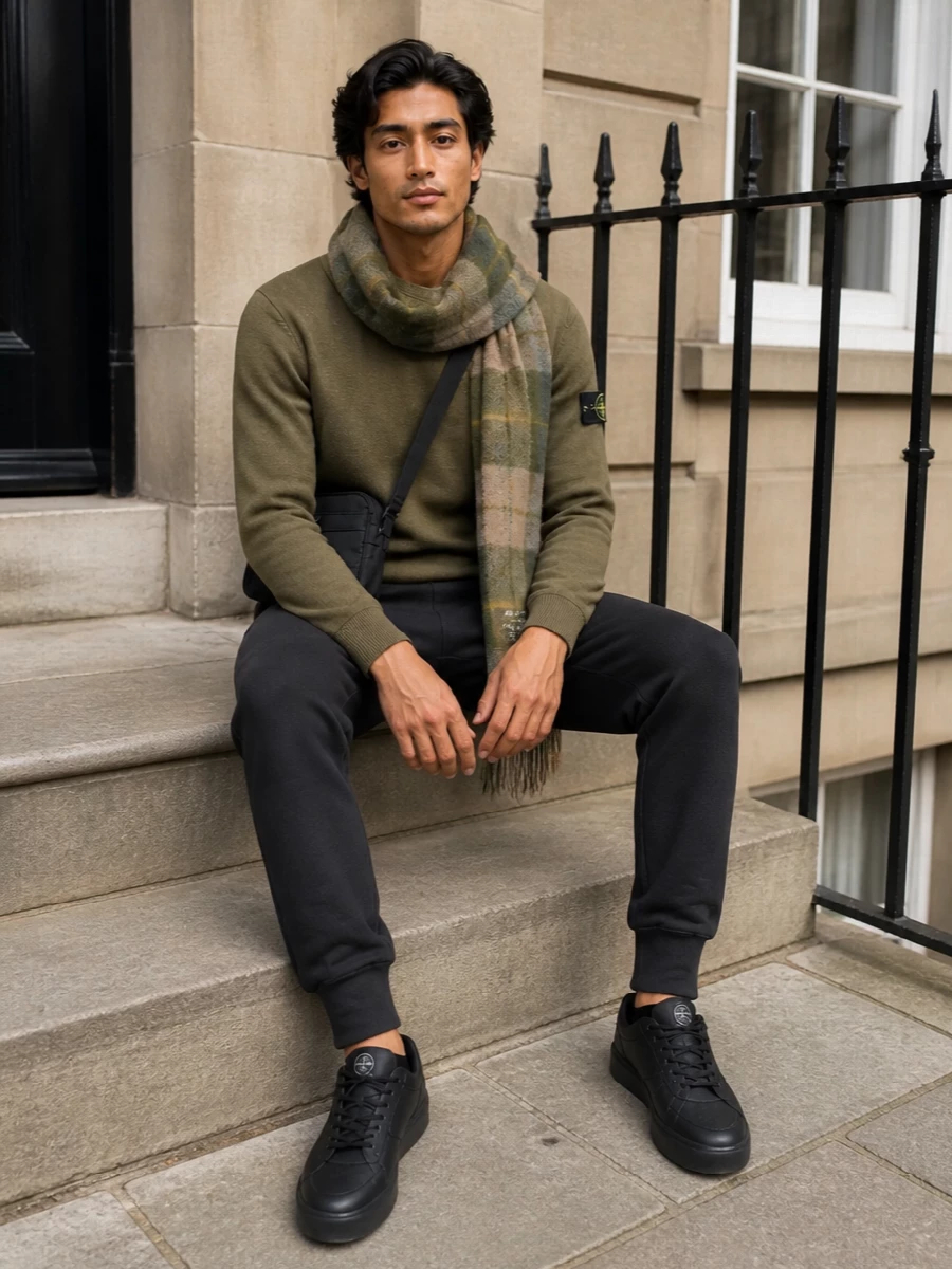 Stone island olive sweater black joggers outfit