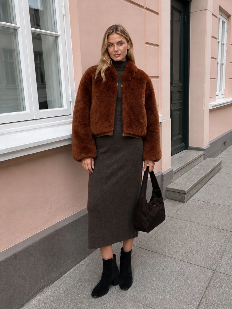 Frankie shop faux fur jacket brown knit midi dress