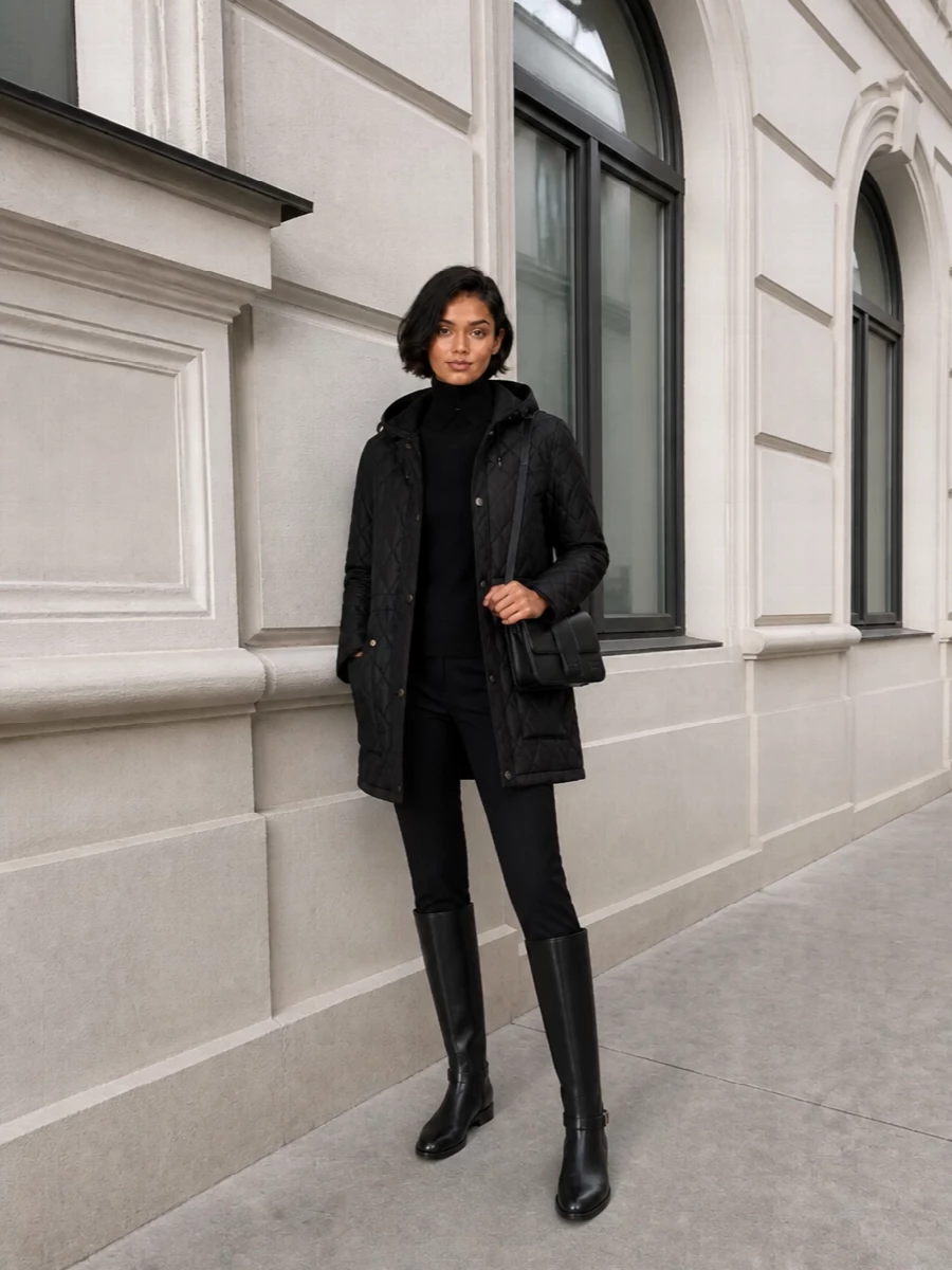 Burberry quilted coat black tailored trousers