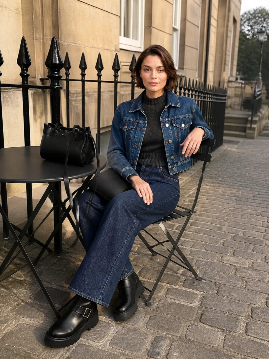 Alexander mcqueen denim jacket wide leg jeans outfit